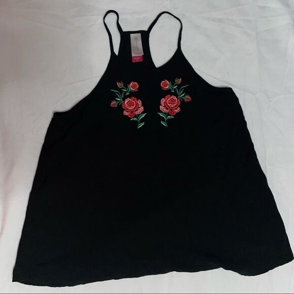 Black Flowy Tank Top with Embroidered Roses - Picture 2 of 4